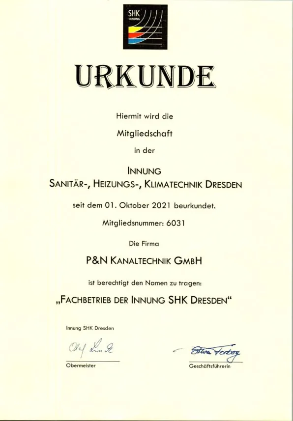 Urkunde: Innungsfachbetrieb SHK Dresden